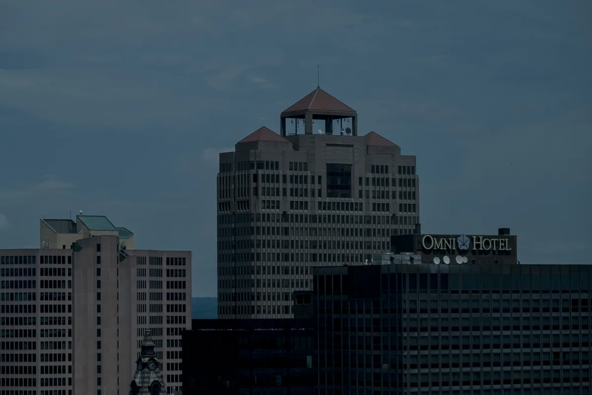 Downtown New Haven skyline at dusk