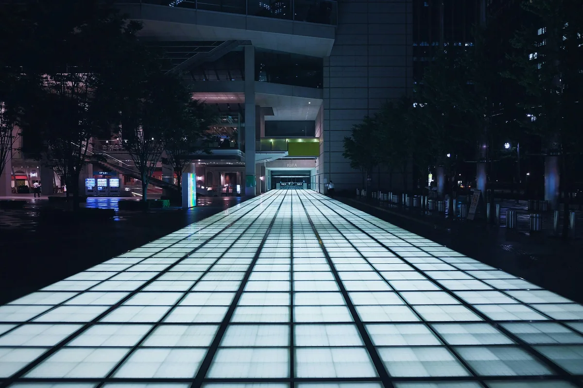 Illuminated public walkway in downtown New Haven